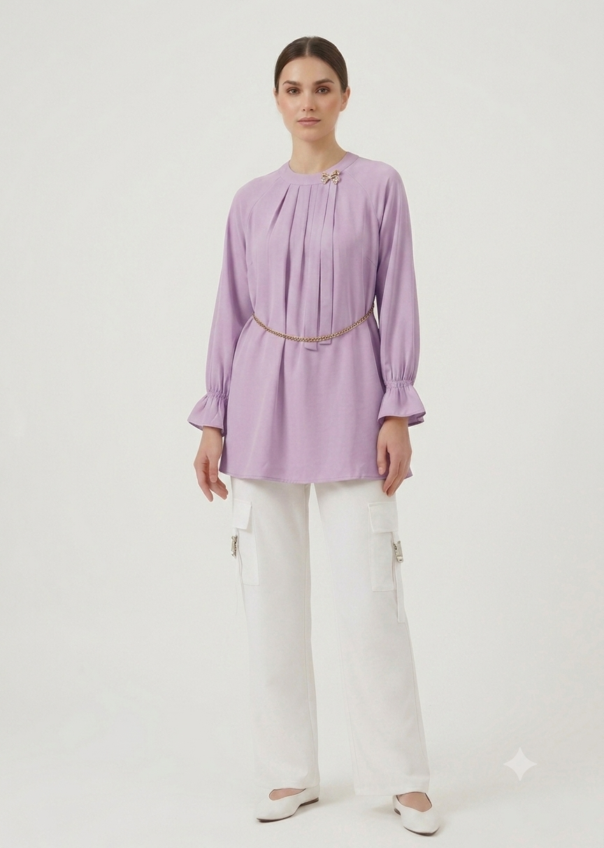 Elegant Flared-Sleeve Fusion Co-Ord Set lailac
