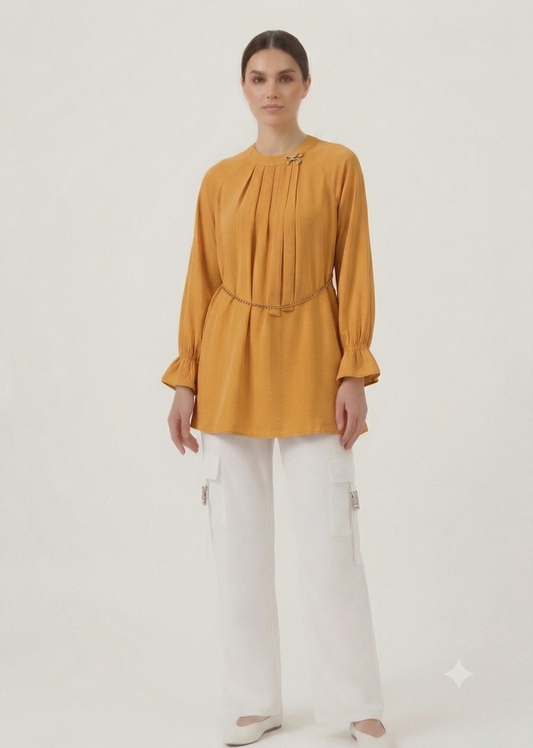 Elegant Flared-Sleeve Fusion Co-Ord Set Mustard