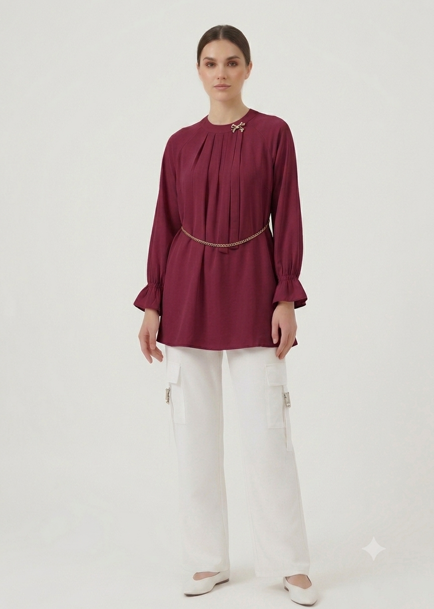Elegant Flared-Sleeve Fusion Co-Ord Set ✨ Mehroon