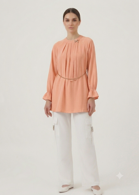 Elegant Flared-Sleeve Fusion Co-Ord Set peach